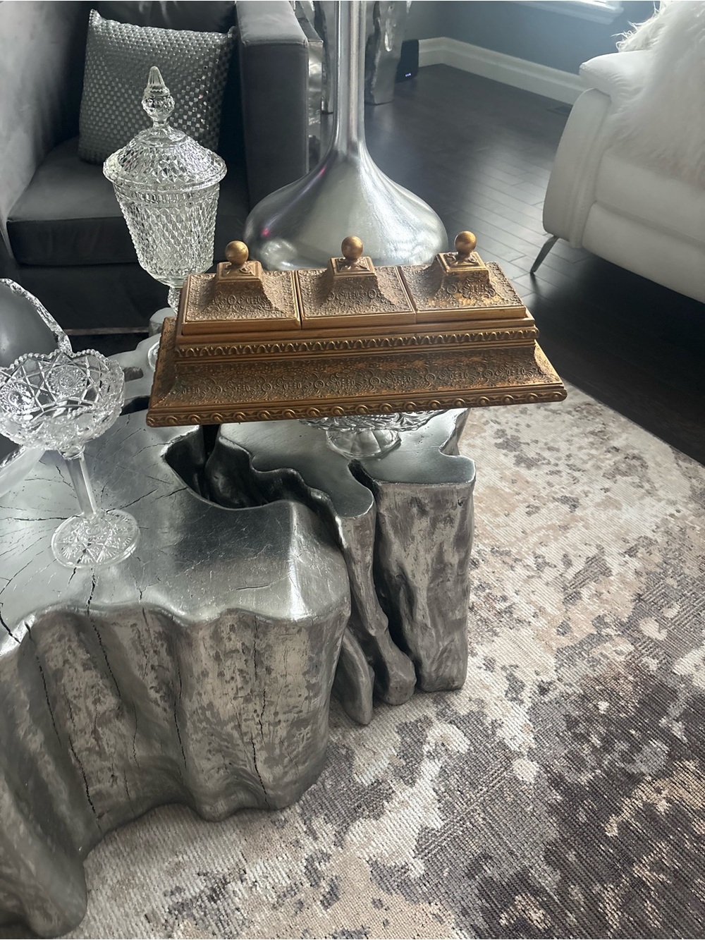 Gold Decorative Triple compartment, vintage Bombay velvet lined jewellery keeper